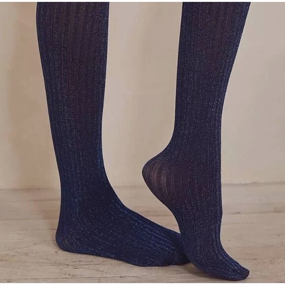 Free People Shimmer Tights NEW Dark Blue Ribbed One Size Boho Fall Made in Italy - Picture 5 of 8